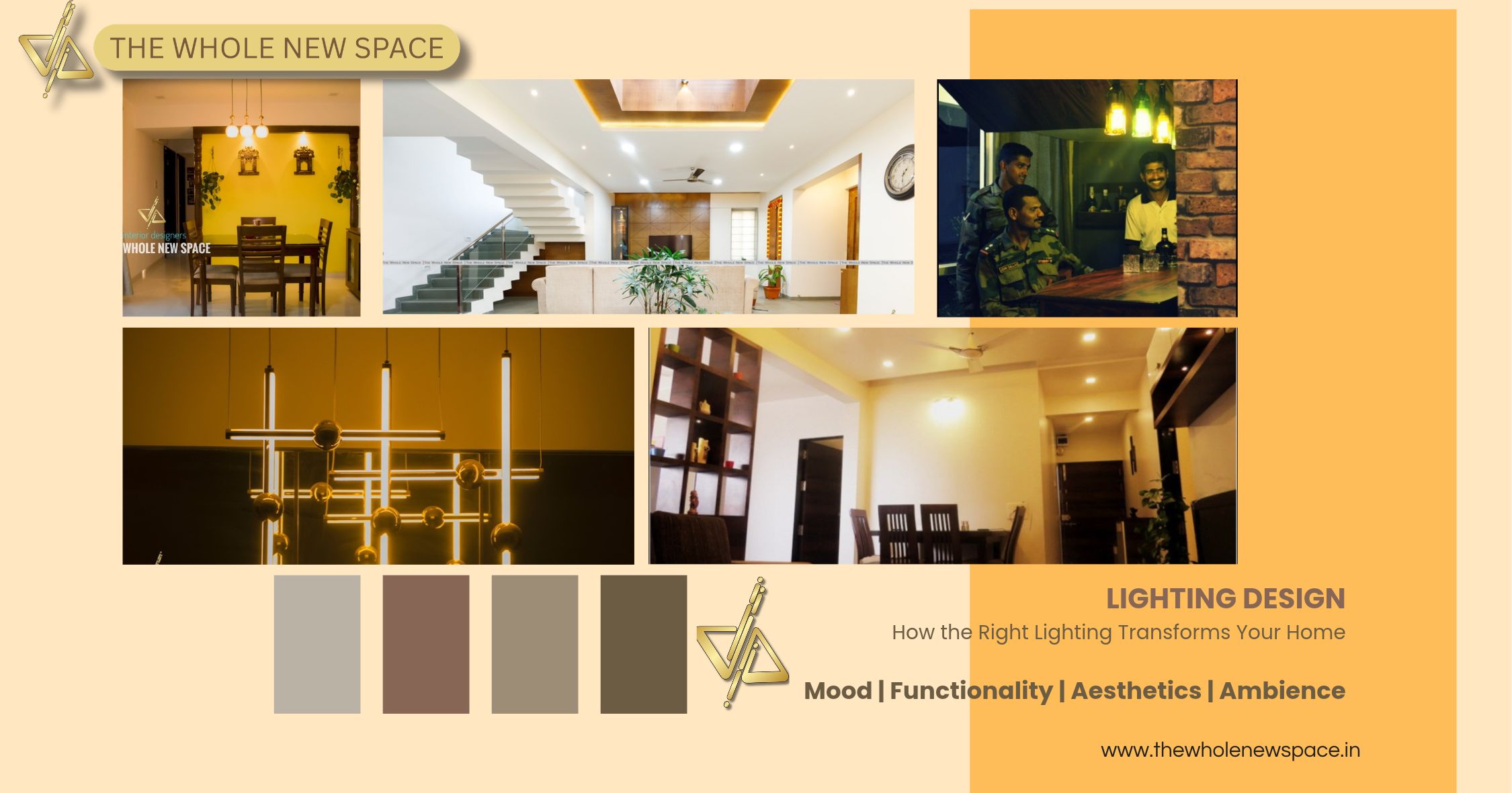 Modern home interior with warm ambient lighting and elegant decorative lights by The Whole New Space.